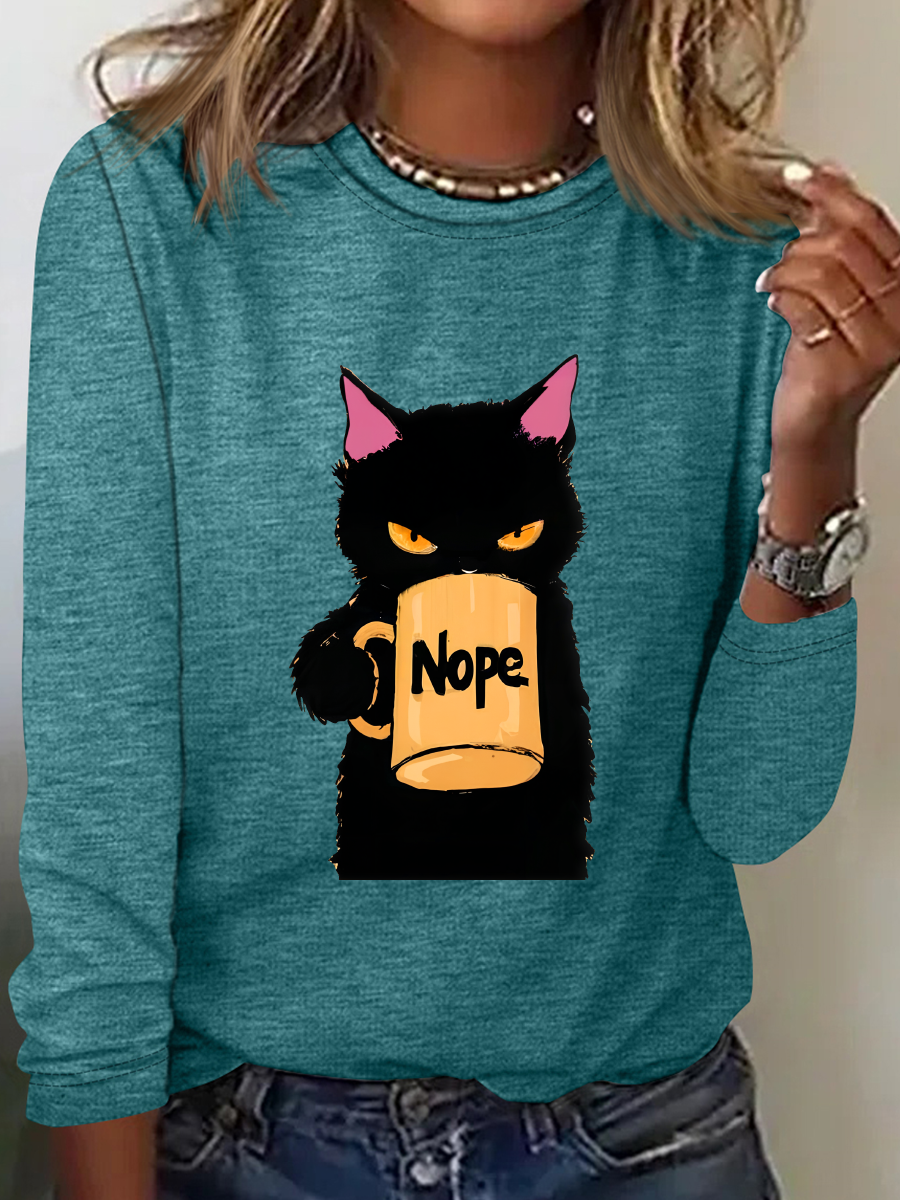 Funny Nope Cat Coffee Casual Long Sleeve Shirt