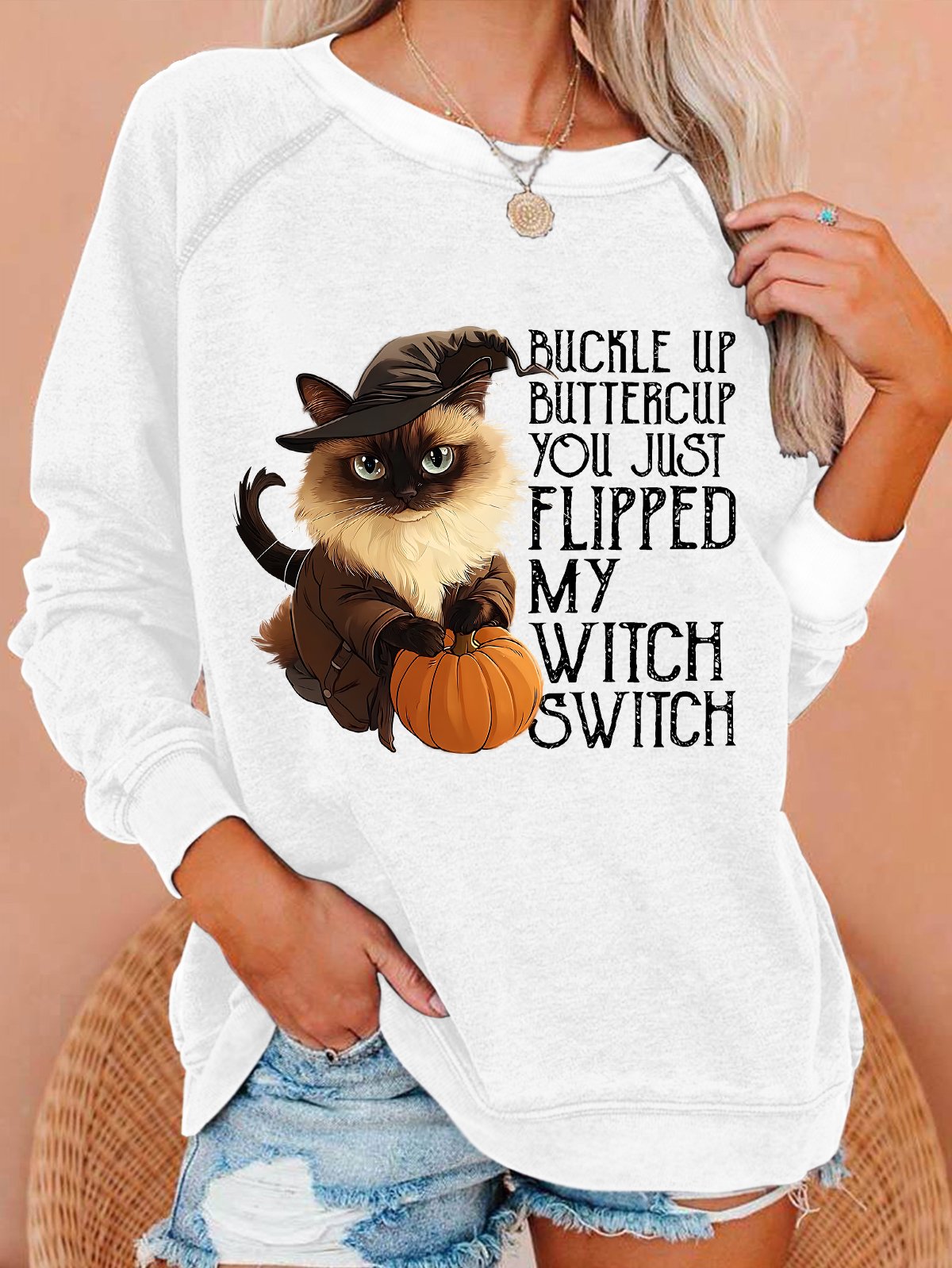 Women's Halloween Buckle Up Buttercup You Just Flipped My Witch Switch Print witch pumpkin Cat Casual Sweatshirt