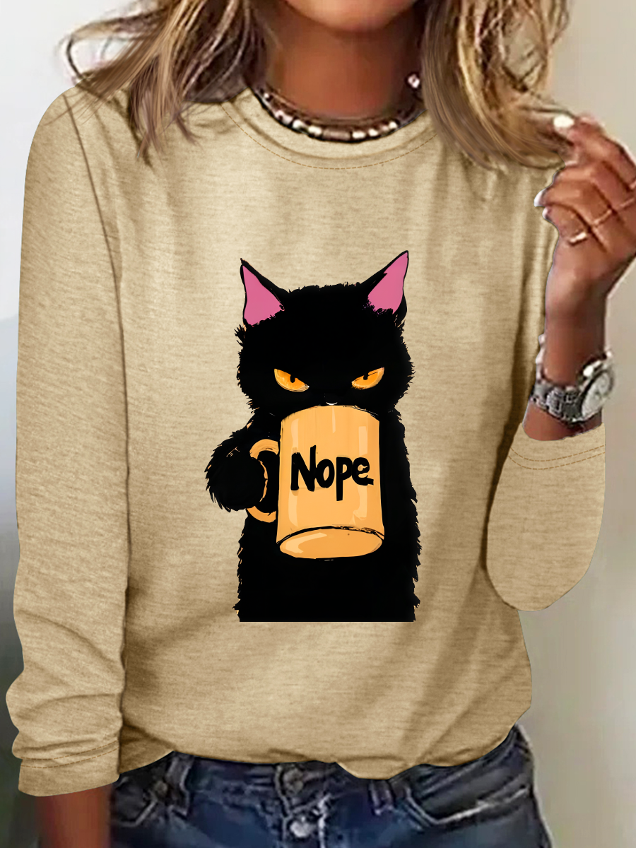 Funny Nope Cat Coffee Casual Long Sleeve Shirt