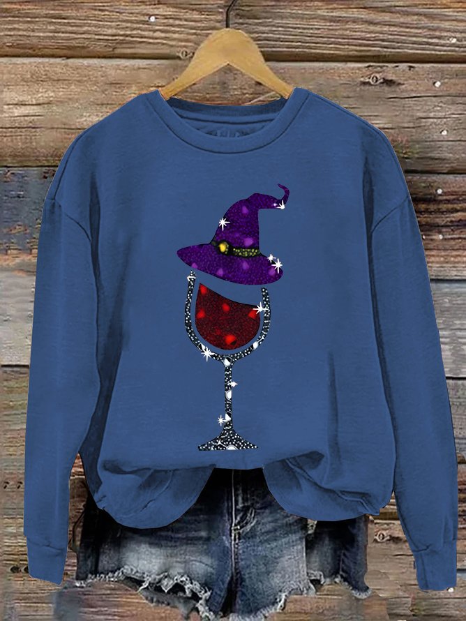 Witch and Wine Glass Print Casual Sweatshirt