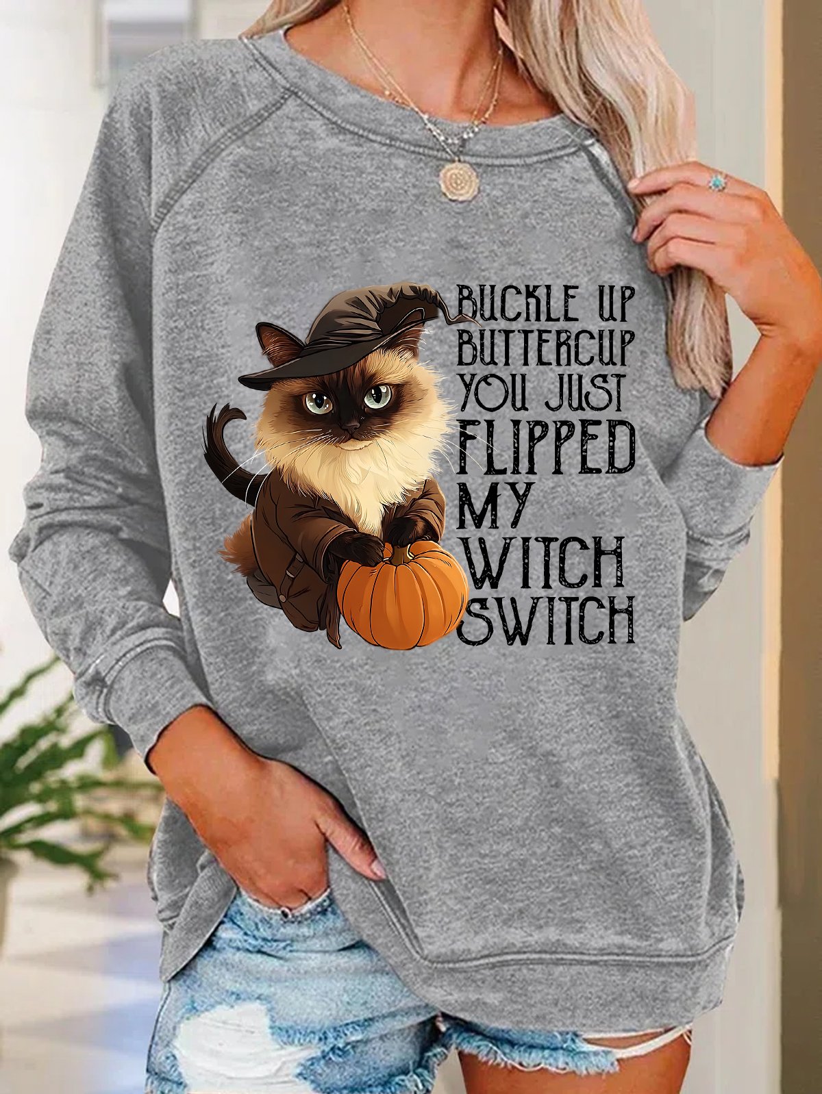 Women's Halloween Buckle Up Buttercup You Just Flipped My Witch Switch Print witch pumpkin Cat Casual Sweatshirt