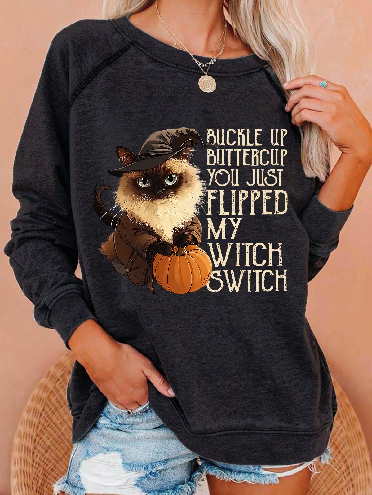 Women's Halloween Buckle Up Buttercup You Just Flipped My Witch Switch Print witch pumpkin Cat Casual Sweatshirt