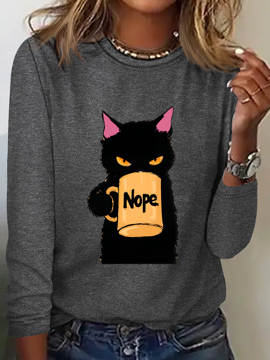 Funny Nope Cat Coffee Casual Long Sleeve Shirt