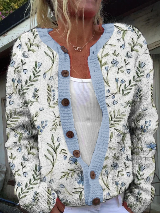 Blue Floral Casual Cardigan