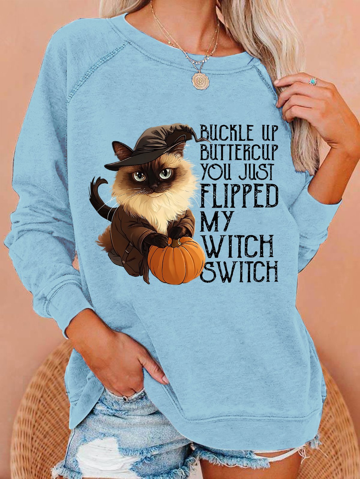 Women's Halloween Buckle Up Buttercup You Just Flipped My Witch Switch Print witch pumpkin Cat Casual Sweatshirt