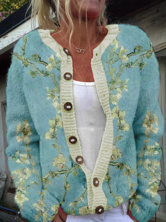 Green floral Knitted Casual Cardigan