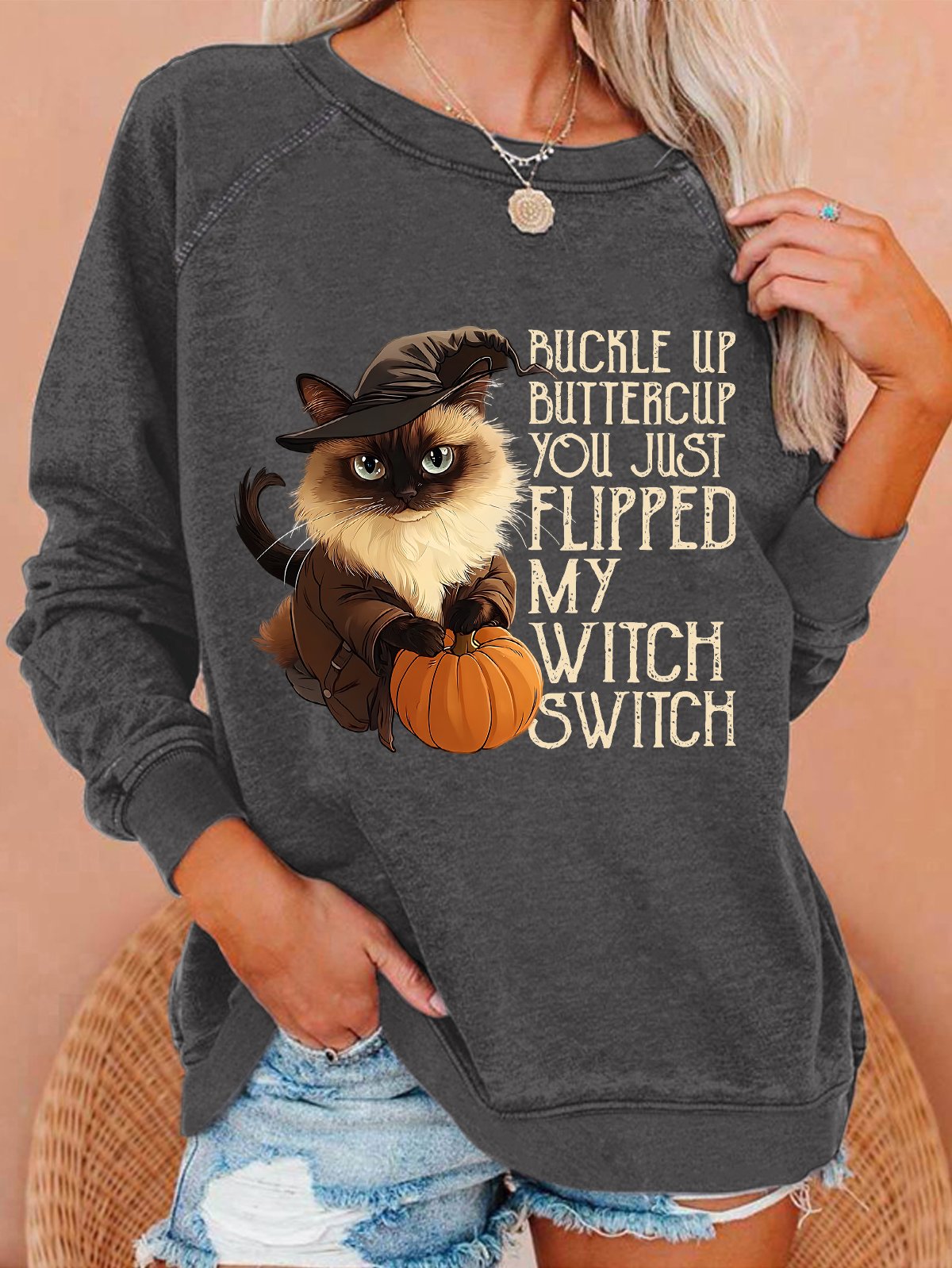 Women's Halloween Buckle Up Buttercup You Just Flipped My Witch Switch Print witch pumpkin Cat Casual Sweatshirt