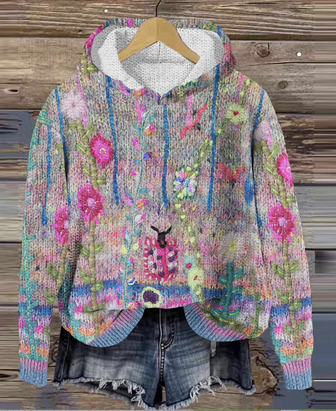 Vintage floral art knitted hooded sweater