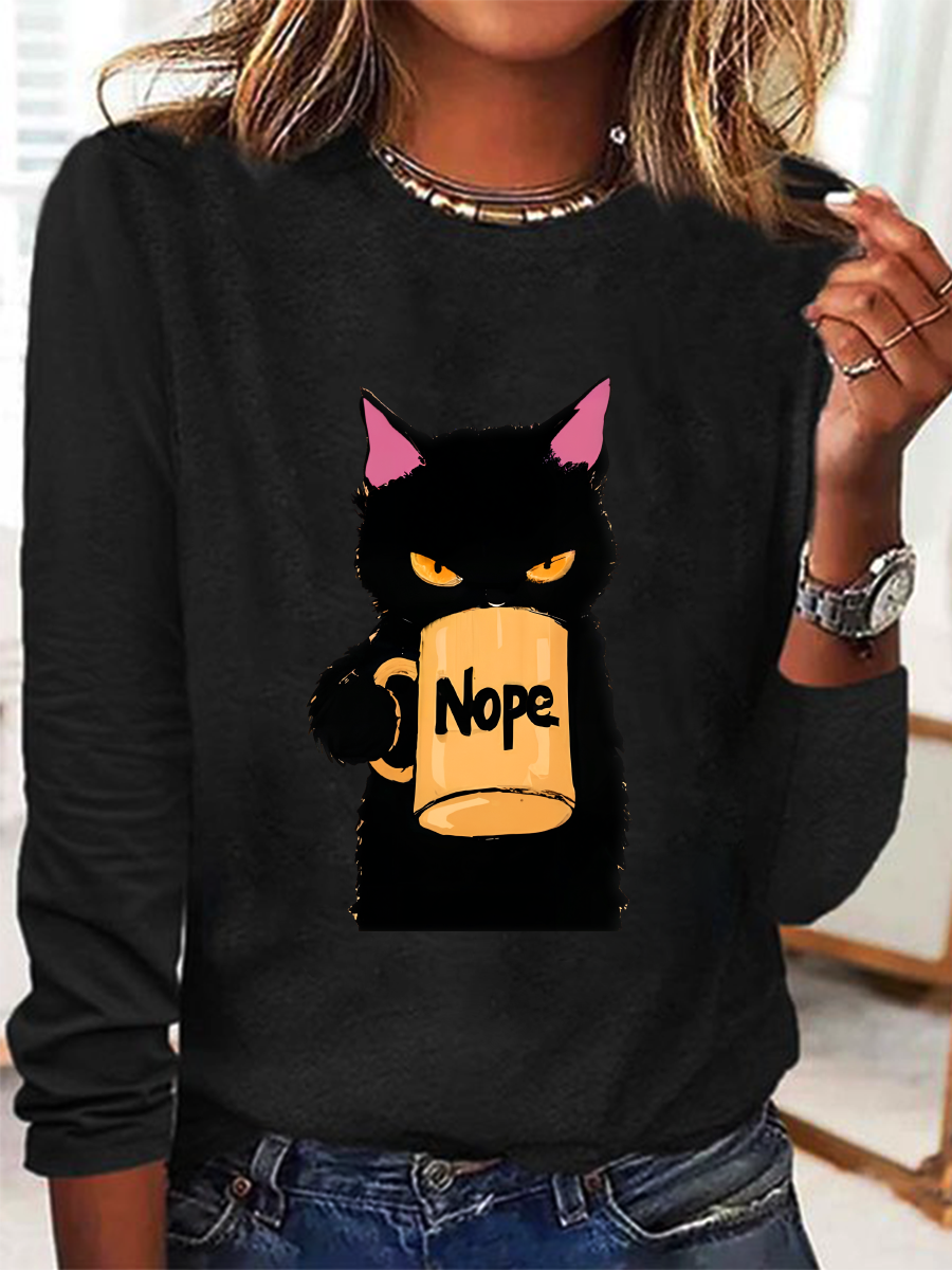 Funny Nope Cat Coffee Casual Long Sleeve Shirt