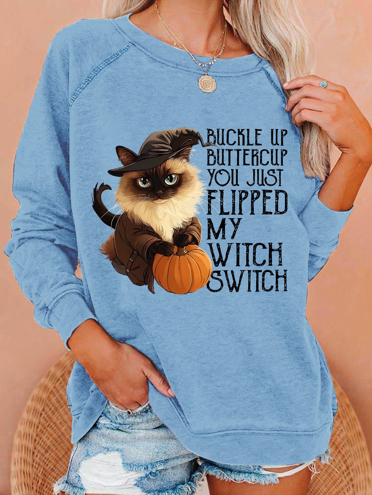 Women's Halloween Buckle Up Buttercup You Just Flipped My Witch Switch Print witch pumpkin Cat Casual Sweatshirt