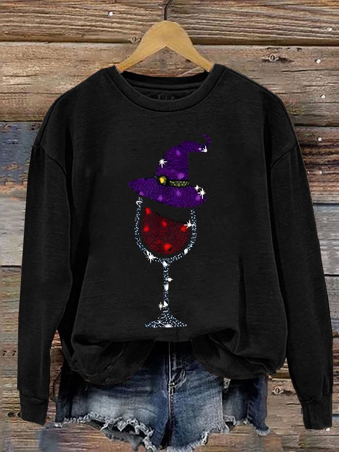 Witch and Wine Glass Print Casual Sweatshirt