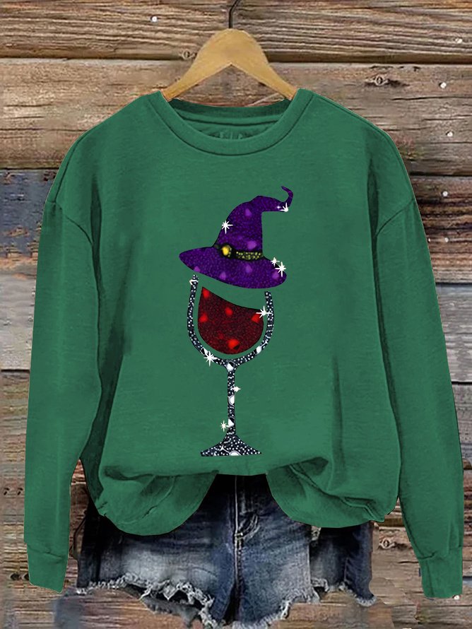 Witch and Wine Glass Print Casual Sweatshirt