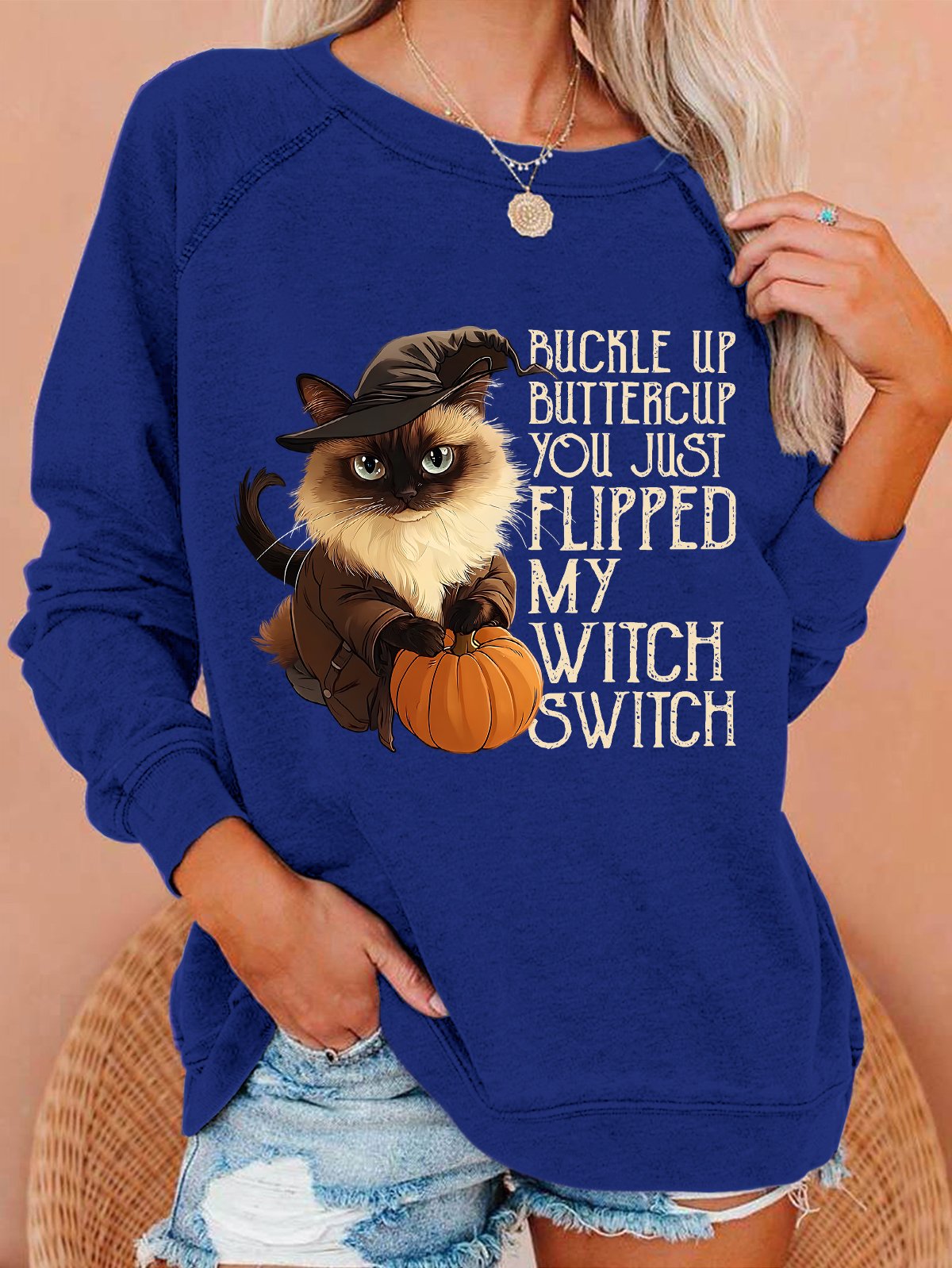 Women's Halloween Buckle Up Buttercup You Just Flipped My Witch Switch Print witch pumpkin Cat Casual Sweatshirt