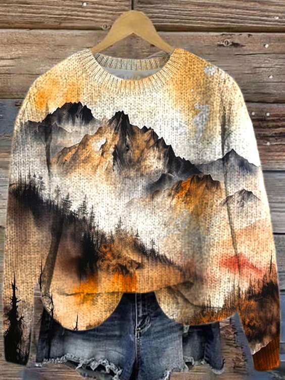 Crew Neck Landscape Painting Loose Simple Sweater