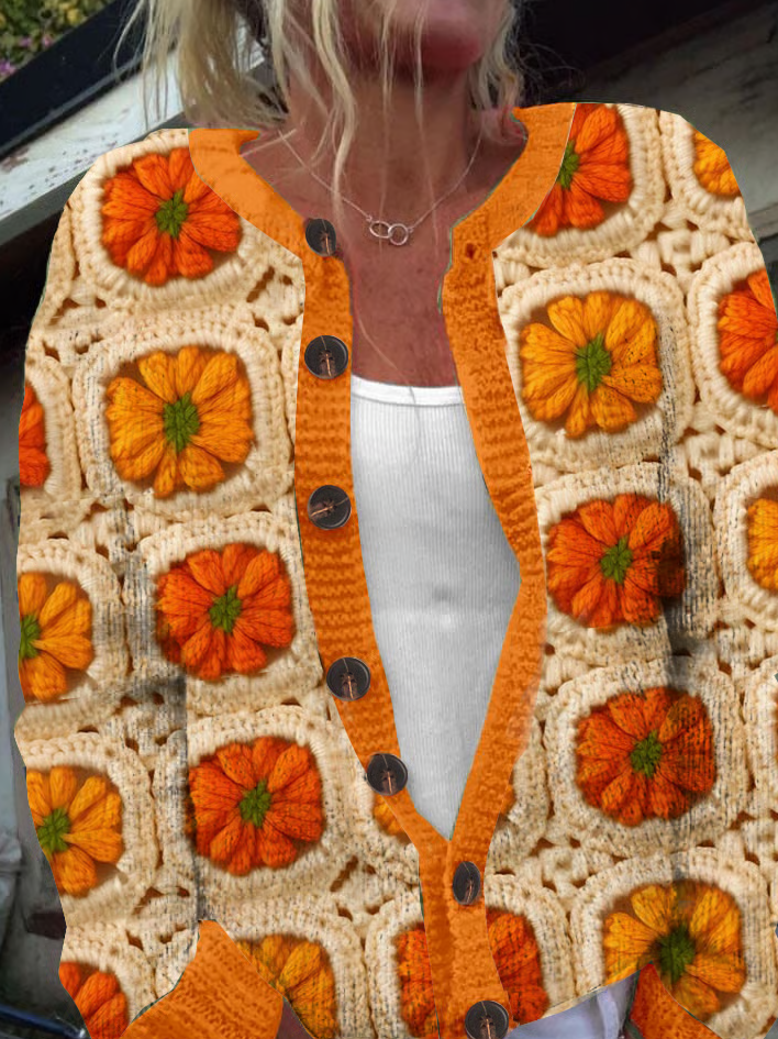 Women's Pumpkin Knitted Print Cardigan