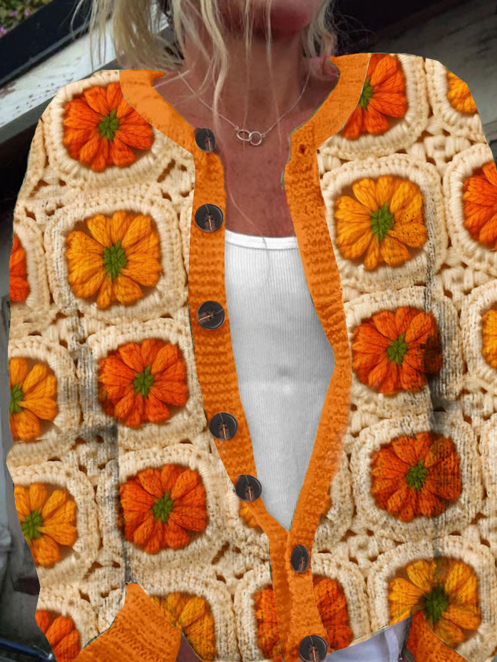 Women's Pumpkin Knitted Print Cardigan