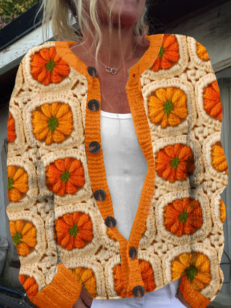 Women's Pumpkin Knitted Print Cardigan