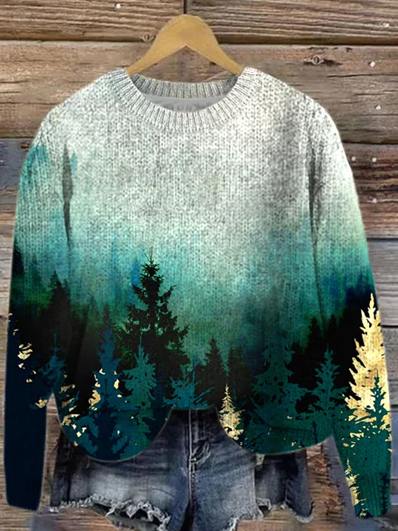 Landscape Painting Knitted Crew Neck Casual Sweater