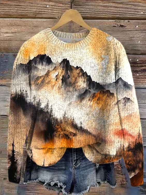 Crew Neck Landscape Painting Loose Simple Sweater