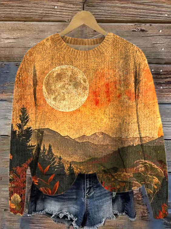 Crew Neck Casual Landscape Painting Loose Sweater