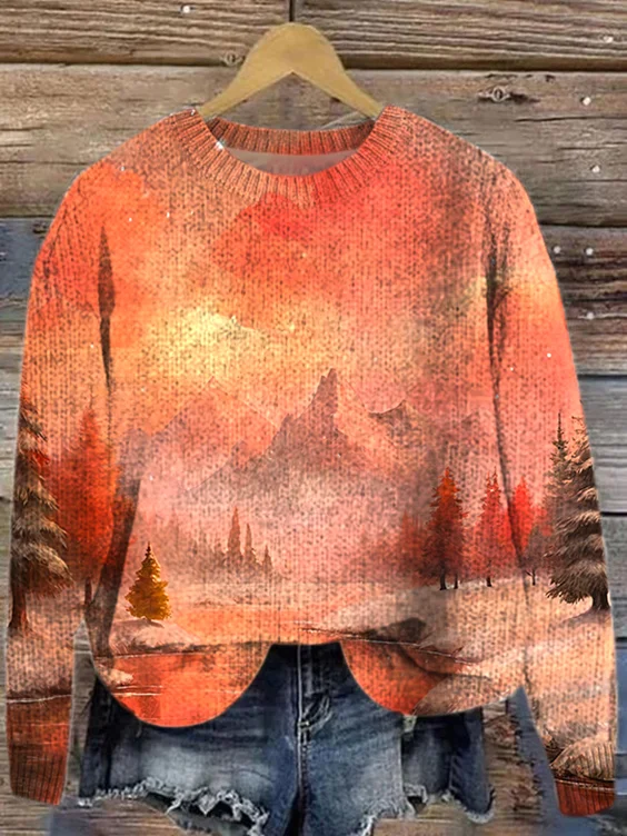 Loose Casual Knitted Landscape Painting Sweater