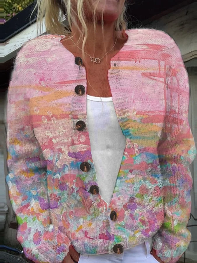 Women's Pink Art Oil Painting Breast Cancer Sweater Knit Cardigan