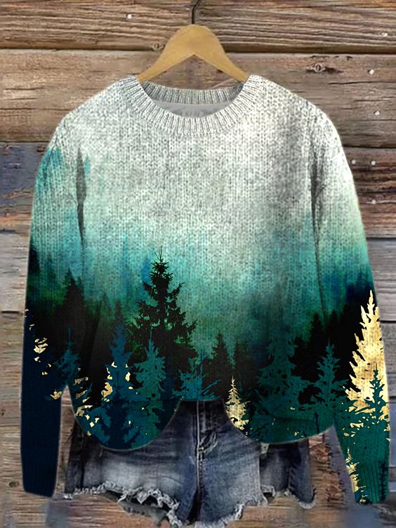 Landscape Painting Knitted Crew Neck Casual Sweater