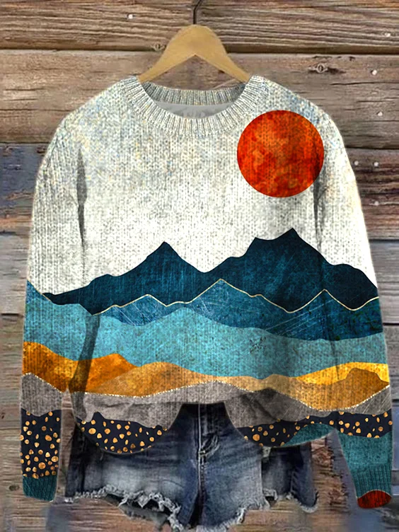 Casual Loose Landscape Painting Sweater