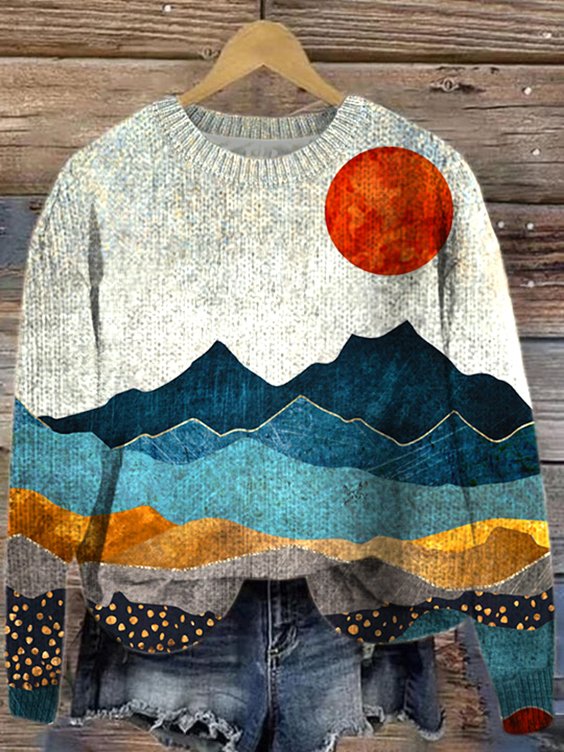 Casual Loose Landscape Painting Sweater