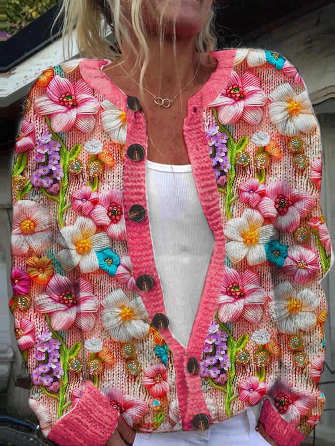 Women's Pink Floral Breast Cancer Sweater Print Knit Cardigan