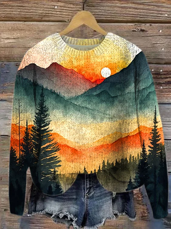 Casual Knitted Landscape Painting Sweater