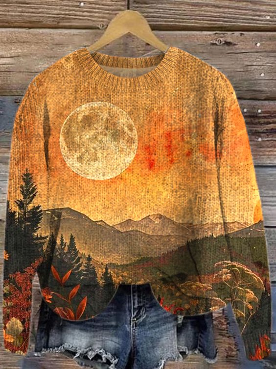 Crew Neck Casual Landscape Painting Loose Sweater