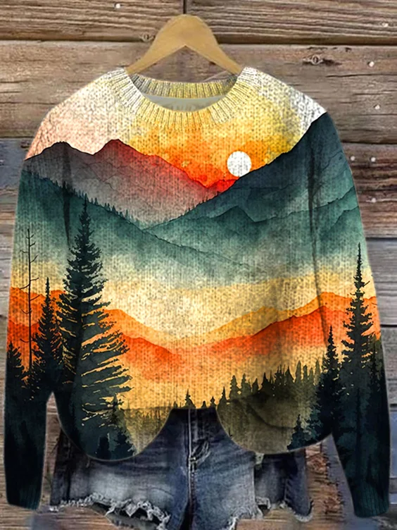 Casual Knitted Landscape Painting Sweater