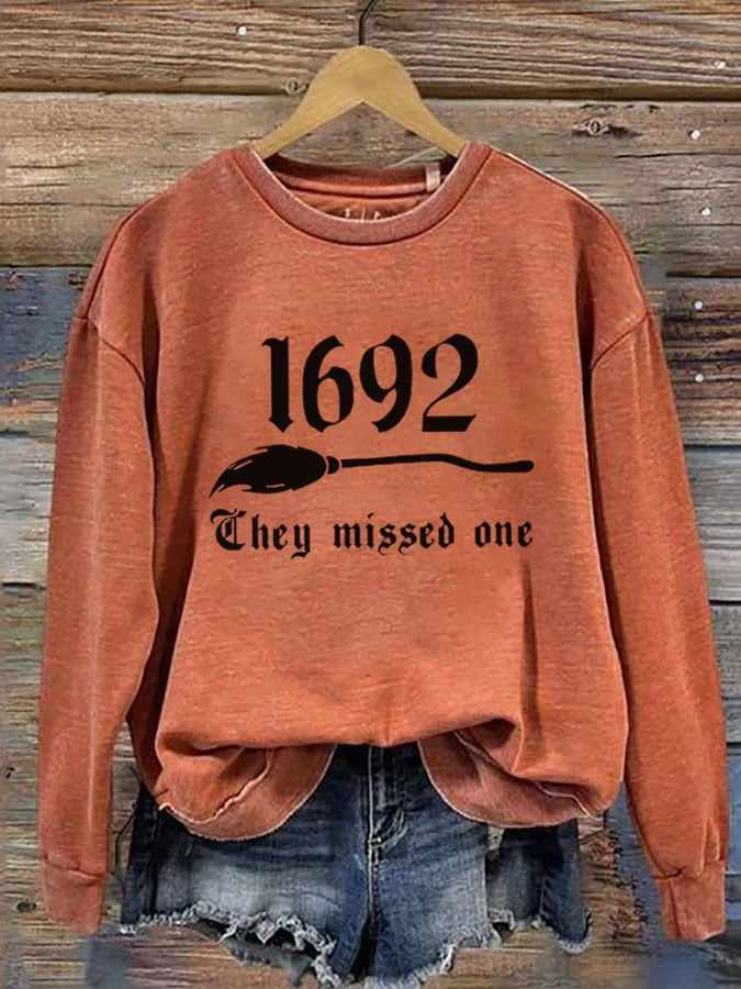 Women's 1692 They Missed One Salem Witch Printed Round Neck Long Sleeve Sweatshirt