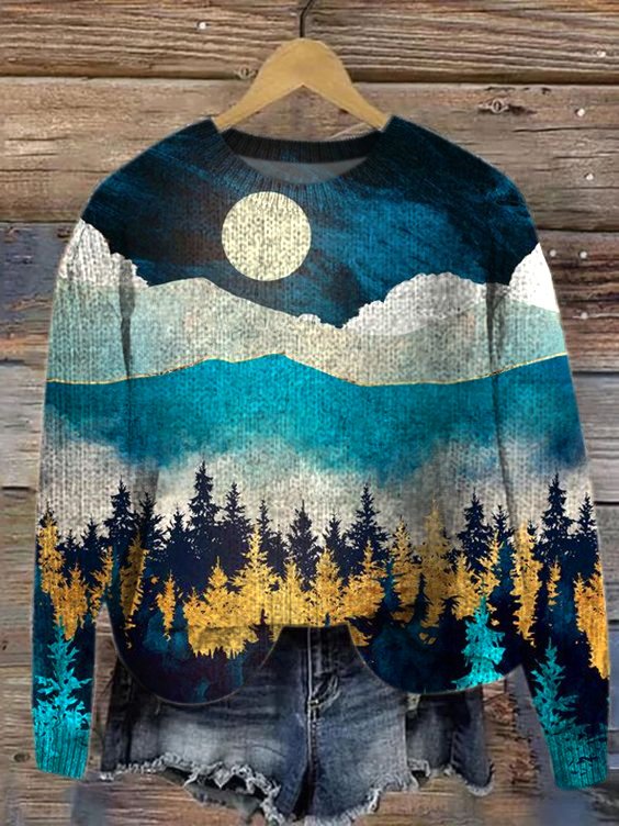 Landscape Painting Crew Neck Simple Loose Sweater