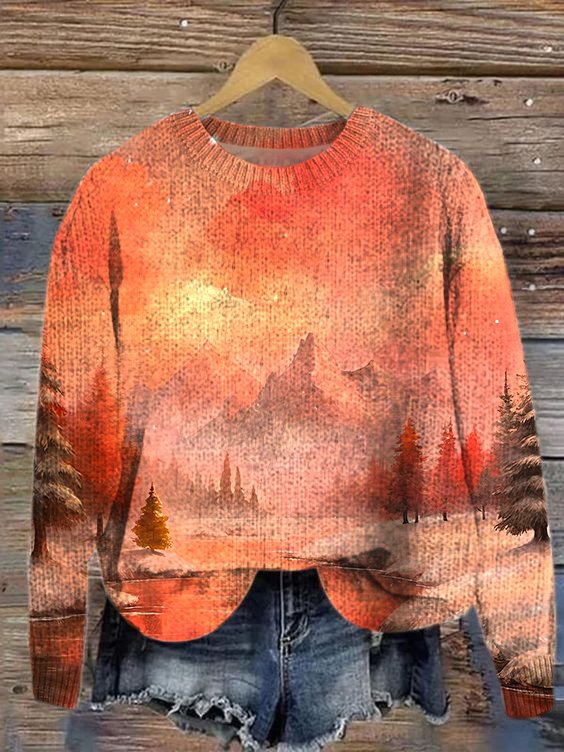 Loose Casual Knitted Landscape Painting Sweater