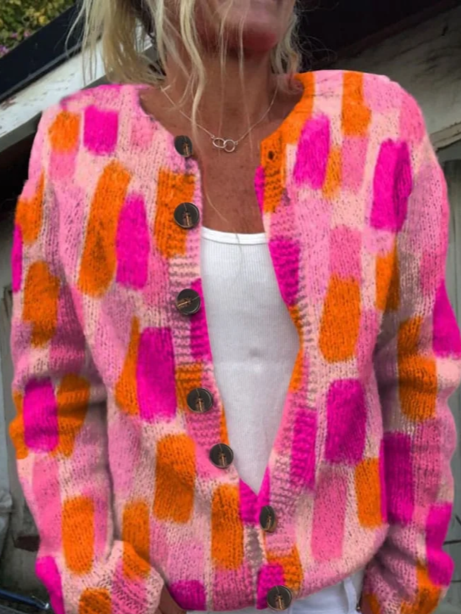 Women's Pink Art Color Block Breast Cancer Sweater Knit Cardigan