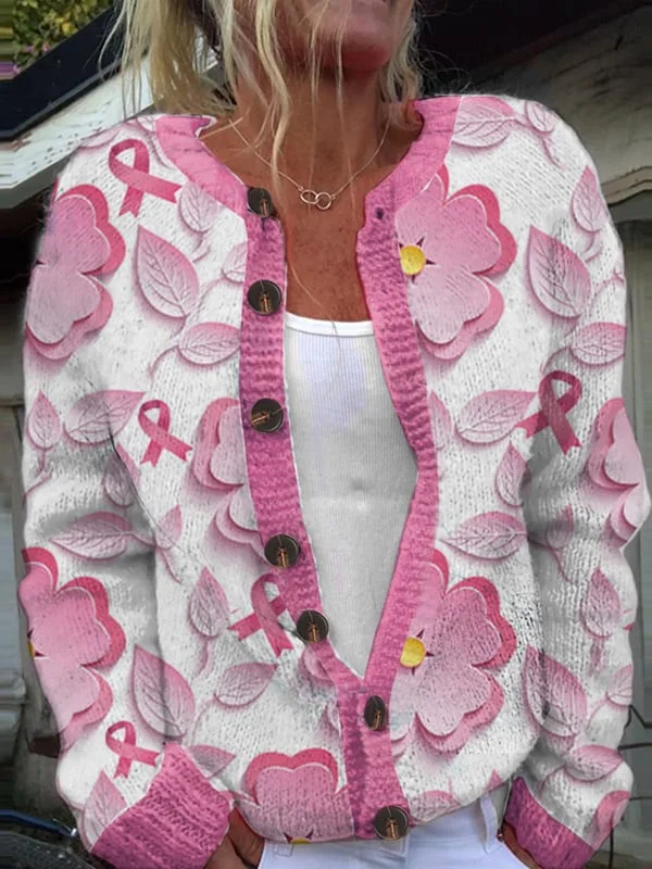 Women's Pink Floral Breast Cancer Sweater Knit Cardigan