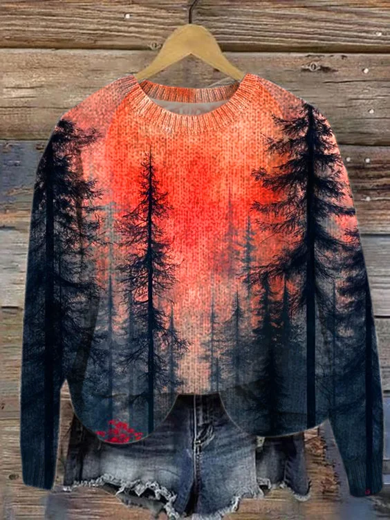 Casual Knitted Landscape Painting Sweater