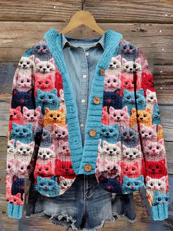 Crowded Cats Pink Knit Art Cozy Hooded Cardigan