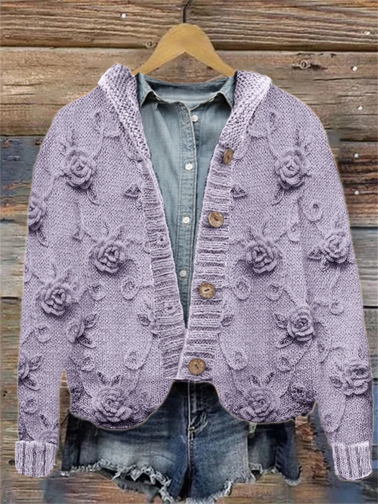 Vintage Roses Crochet Art Hooded Knit Cardigan