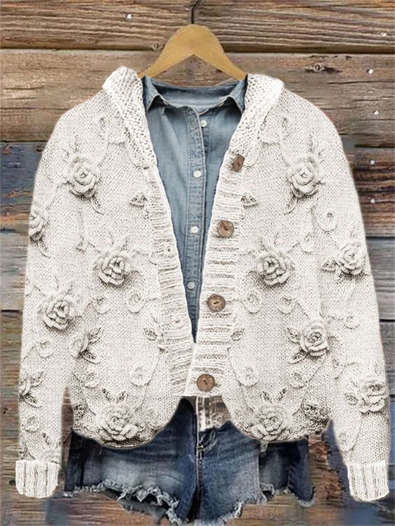 Vintage Roses Crochet Art Hooded Knit Cardigan