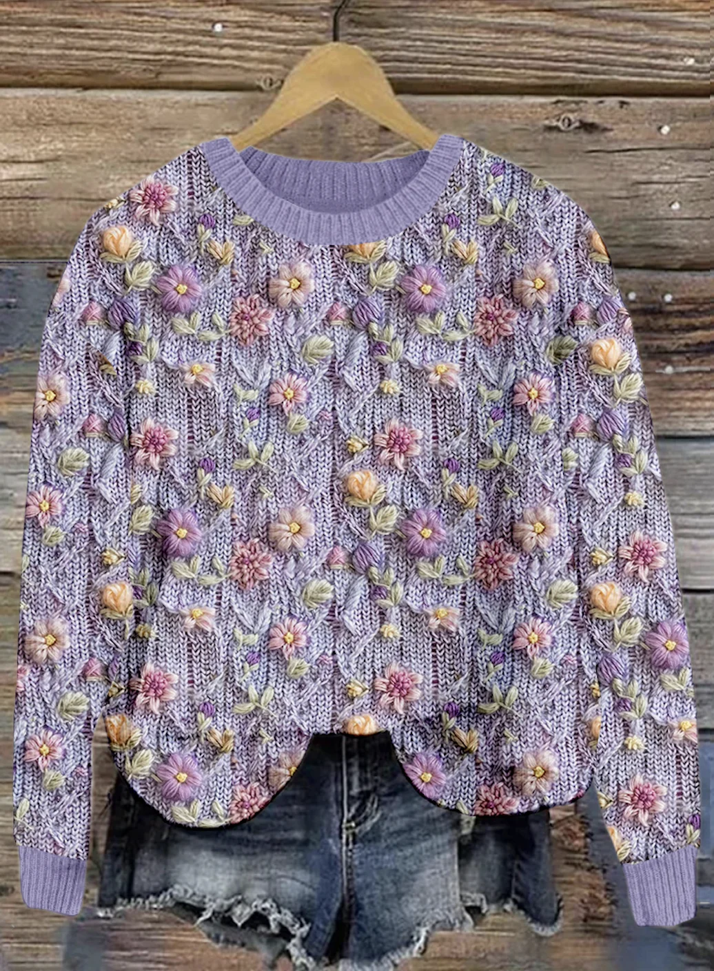 Small flower knitted round neck sweater