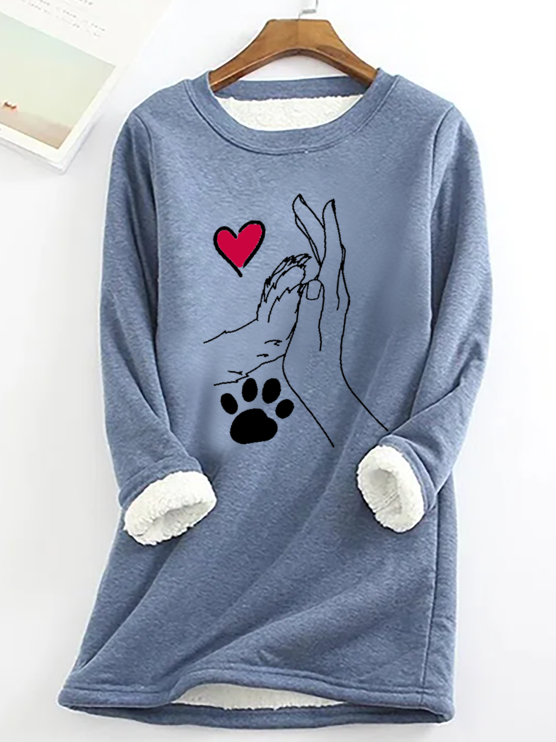 Palm High-Fives Dog Paw Print Casual Fluff Fleece Fabric Sweatshirt