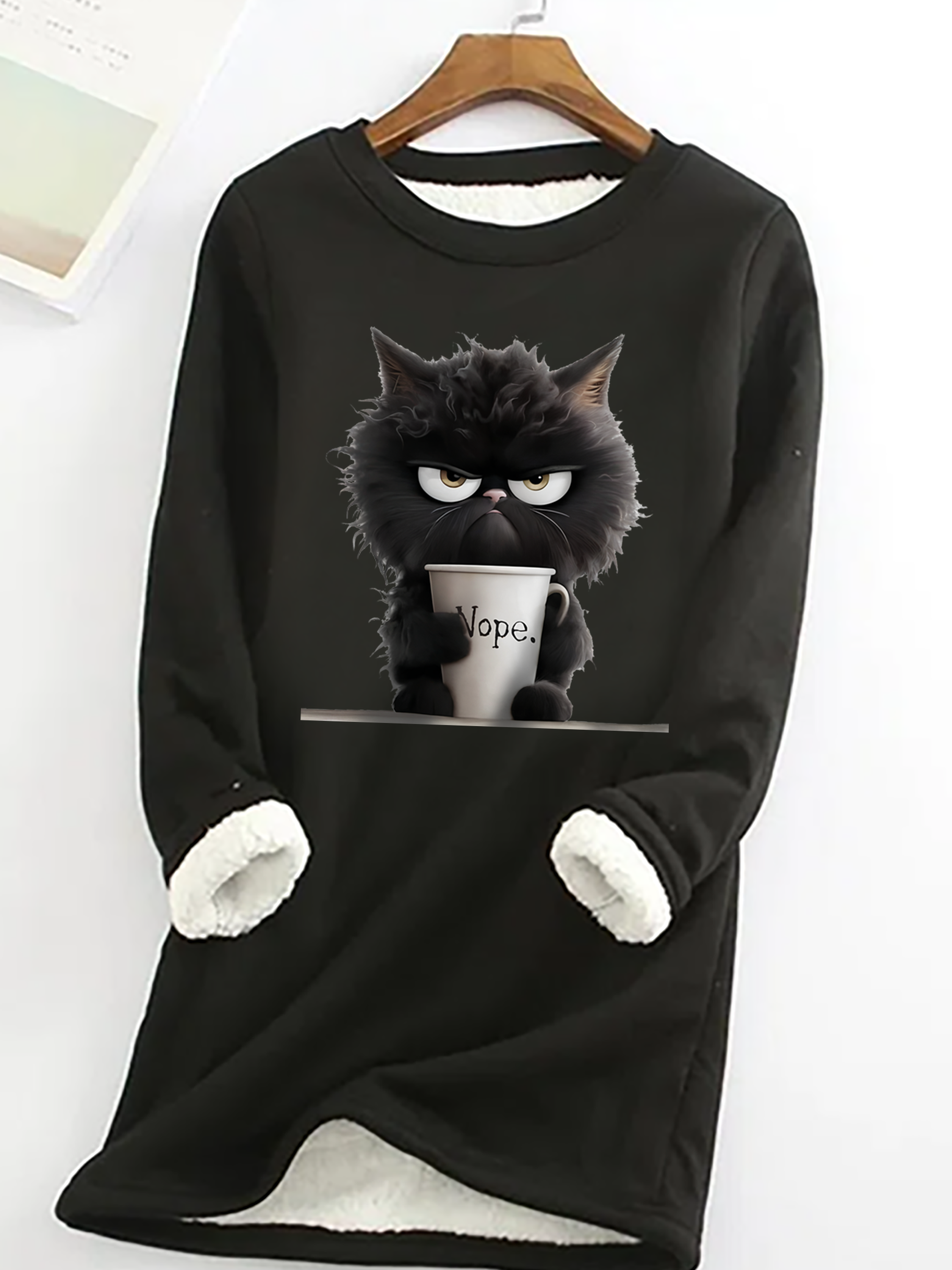 Women's Funny Cat Nope Casual Fluff Fleece Fabric Sweatshirt