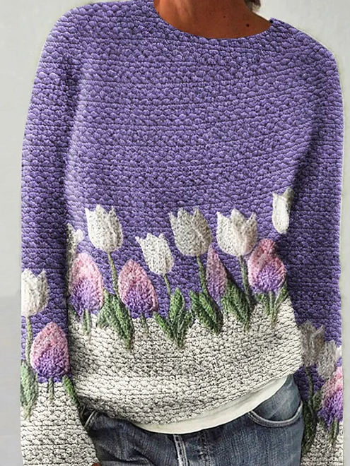 Floral Art Print Knitted Crew Neck Pullover Cozy Sweater