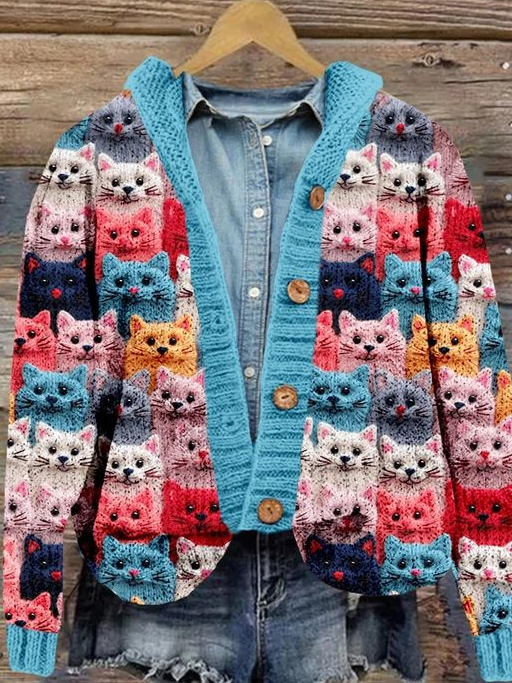 Crowded Cats Pink Knit Art Cozy Hooded Cardigan