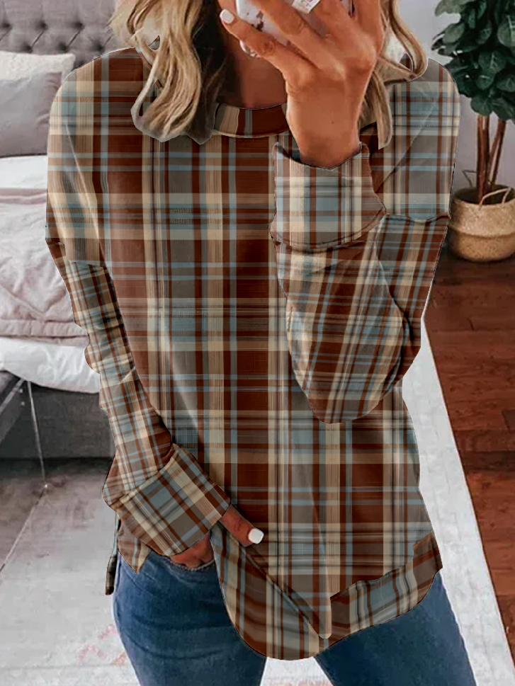 Crew Neck Plaid Casual Sweatshirt