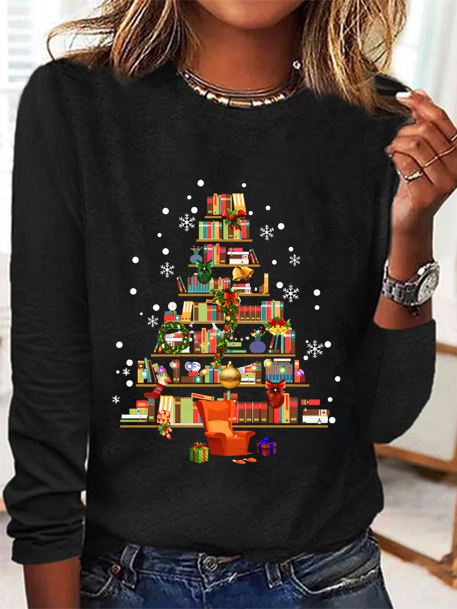 Christmas Tree Made Of Books Casual Long Sleeve Shirt