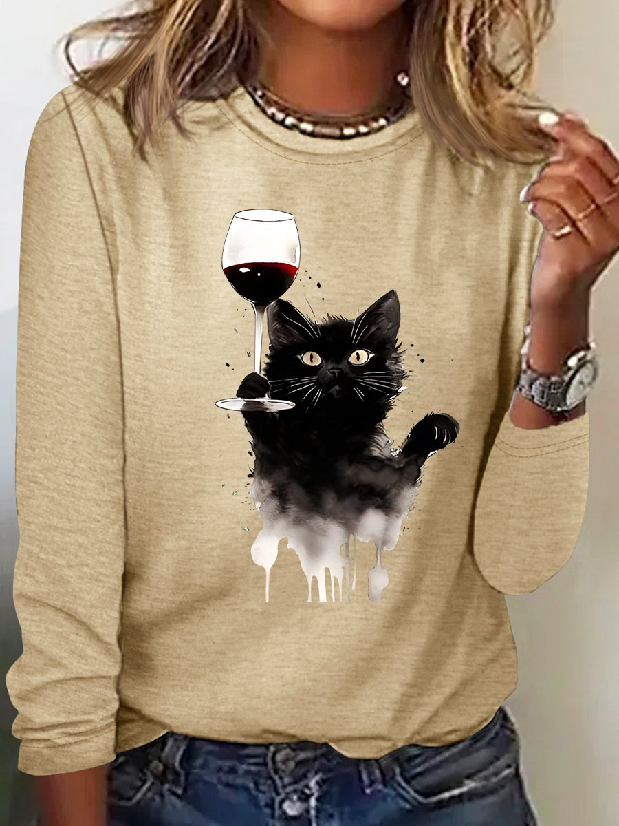 Cute Cat And Red Wine Casual Long Sleeve Shirt